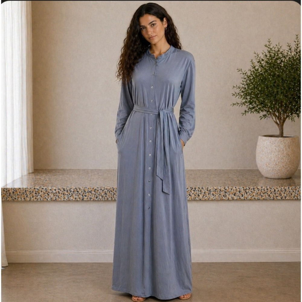 Veiled Collection Maxi Dress Small Dusk Blue Modest Belted Long Sleeve Button